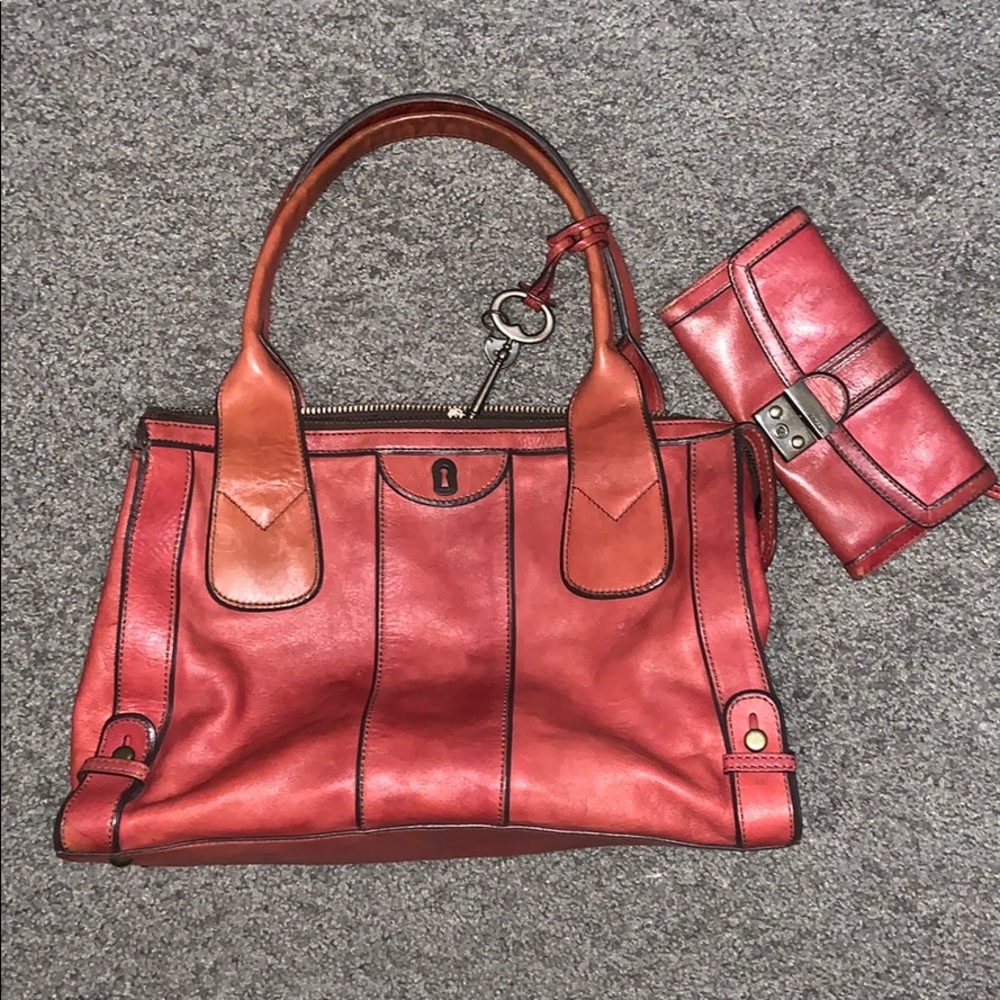 Fossil Red Leather Tote and Wallet
